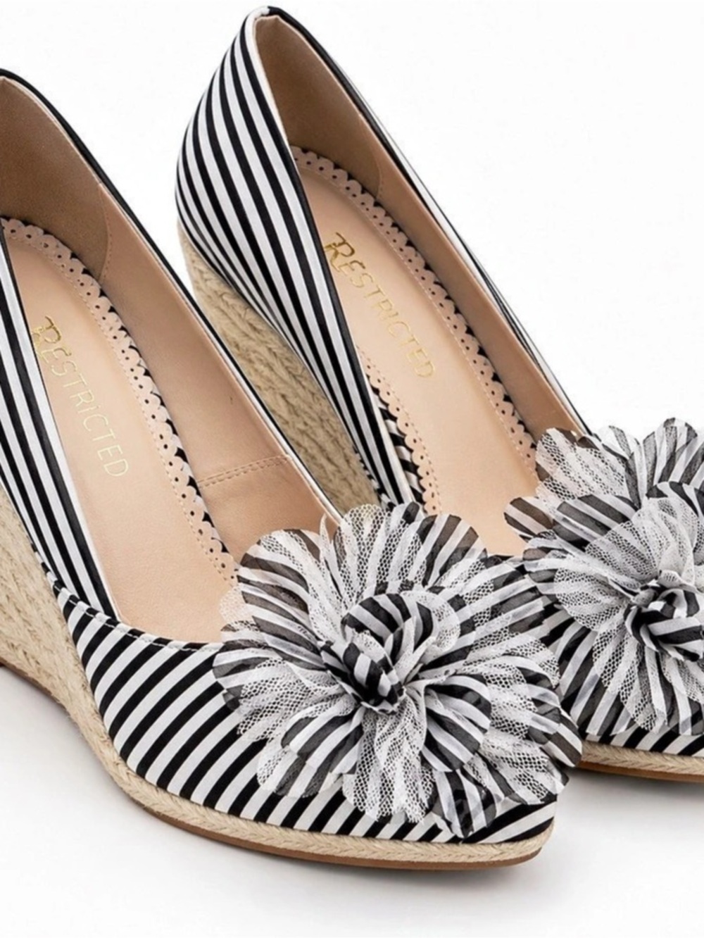 Restricted Black & White Striped Floral Espadrille Wedges Size 10